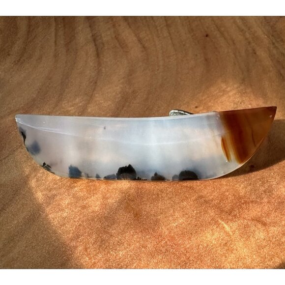 Vintage MONTANA MOSS AGATE Tie Clip Crescent Shaped Yellowstone River Chalcedony - Picture 14 of 16